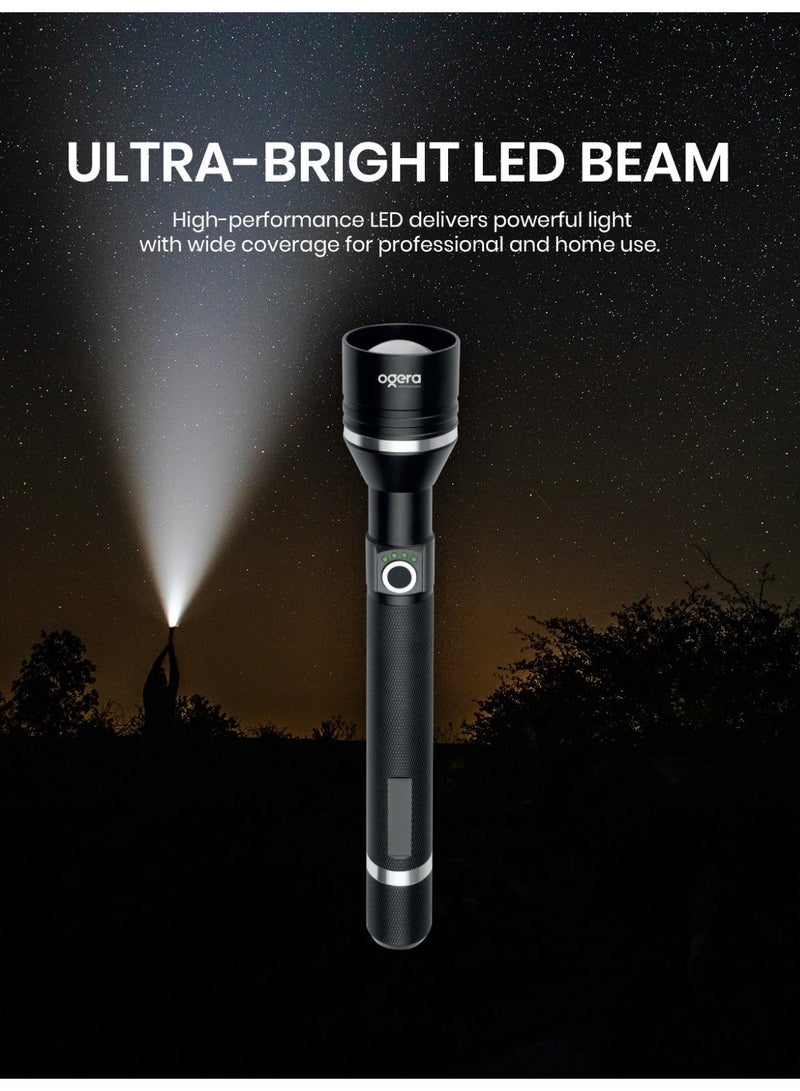 أوجيرا كشاف LED قابل لإعادة الشحن | كشاف تكتيكي فائق السطوع | سطوع عالي | بطارية 3SC طويلة العمر | صغير ومتين | مقاوم للماء | مثالي للتخييم والمشي وحالات الطوارئ | ضمان سنتين | OG1005SL | أسود - Image 1